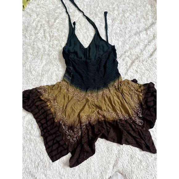 Fairy Fairycore Embroidered Handkerchief Smocked Bodice Halter Dress Mini Vneck - Picture 9 of 10